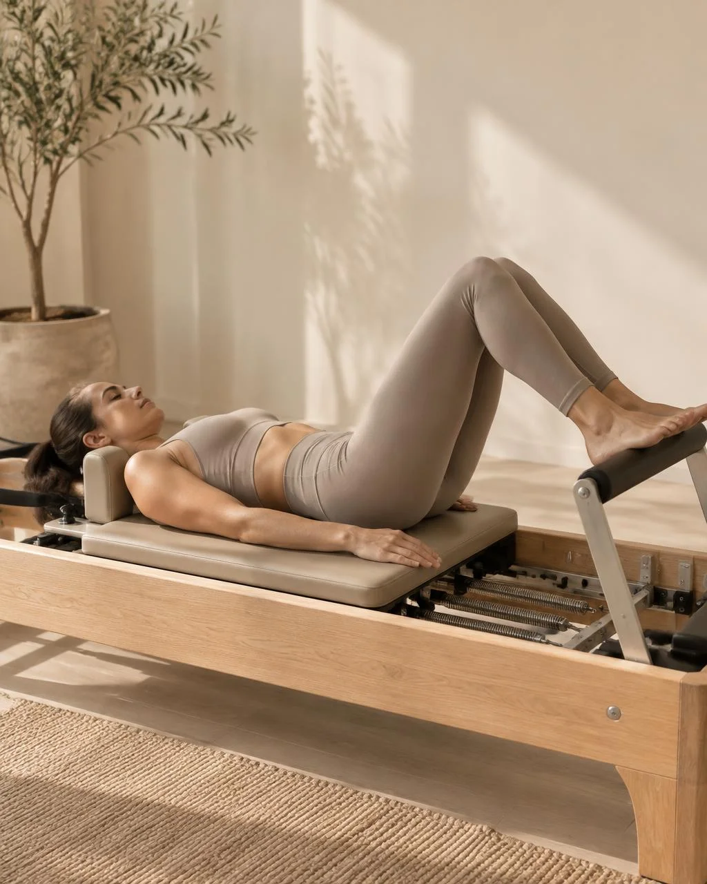 Controlled footwork on a wooden Pilates reformer